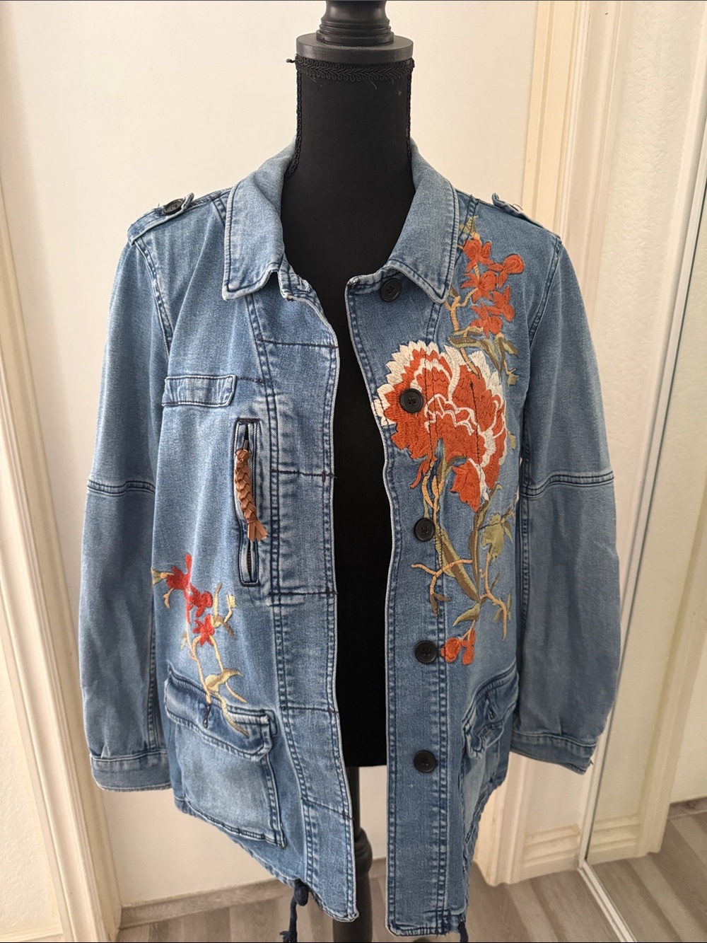 Anthropologie Light Blue Denim Jacket with Orange Floral Embroidery